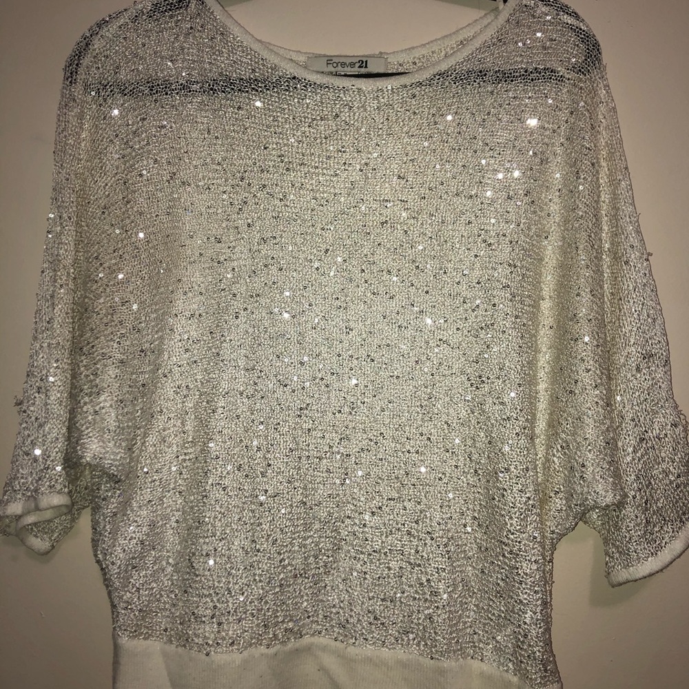 White and silver sequins knit top